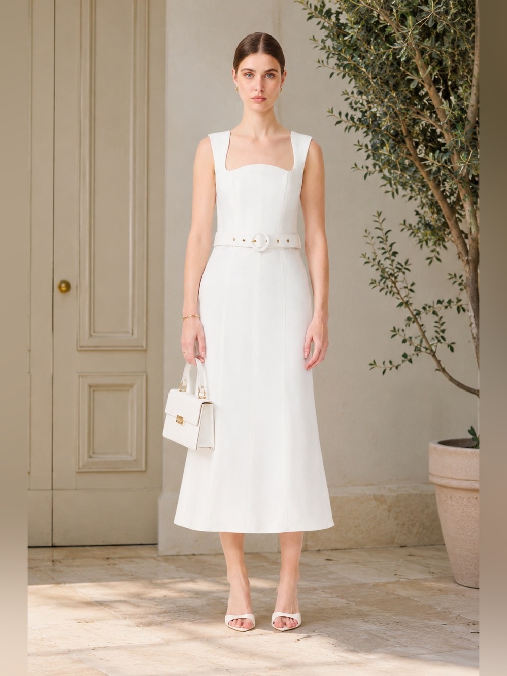 Elliatt White Sleeveless Belted Maxi Dress
